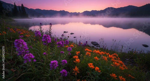 Sunrise Over Misty Mountain Lake With Vibrant Wildflowers