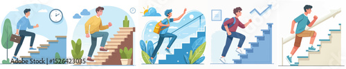young man character vector climbing stairs