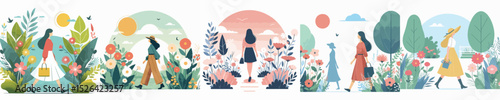 vector character woman walking in flower garden