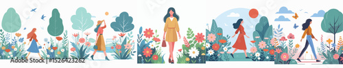 vector character woman walking in flower garden