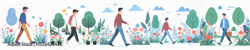 young man character vector walking in flower garden