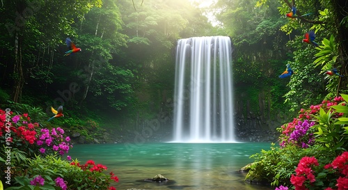 Lush Tropical Waterfall Scene with Birds and Flowers