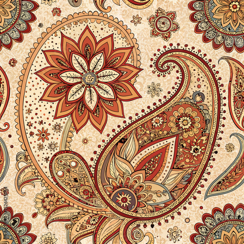 Vector Seamless Traditional Indian Motifs Pattern – Paisley & Mandala Watercolor Design in Warm Earthy Tones
