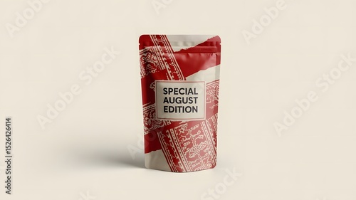 A photograph of a standing pouch mockup designed for traditional Indonesian snacks, displayed agains