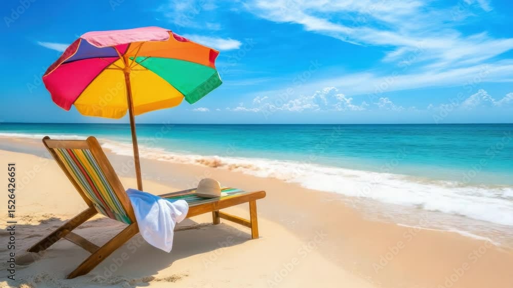 Tropical Escape: A vibrant, inviting beach scene, featuring a colorful umbrella shading a wooden deckchair set on the pristine sandy shore. Tropical Escape: A vibrant, inviting beach scene, featuring a colorful umbrella shading a wooden deckchair set on the pristine sandy shore.