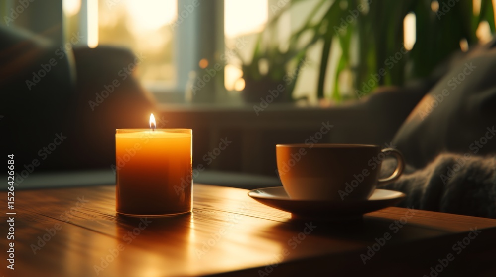 a cold and quiet living room with only a single lit candle and a cup of tea, feeling of isolation, a cold and quiet living room with only a single lit candle and a cup of tea, feeling of isolation,