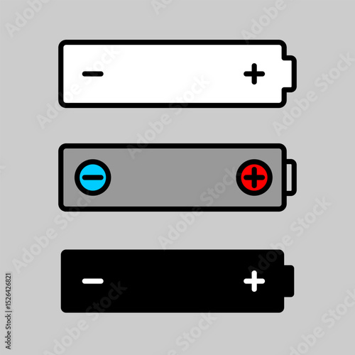 Battery scheme icon with plus and minus signs. Alkaline battery or accumulator silhouette for print or cut on device power compartment surface