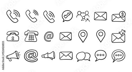 Hand-drawn Contact Us Icons Phone, Email, Location, and More