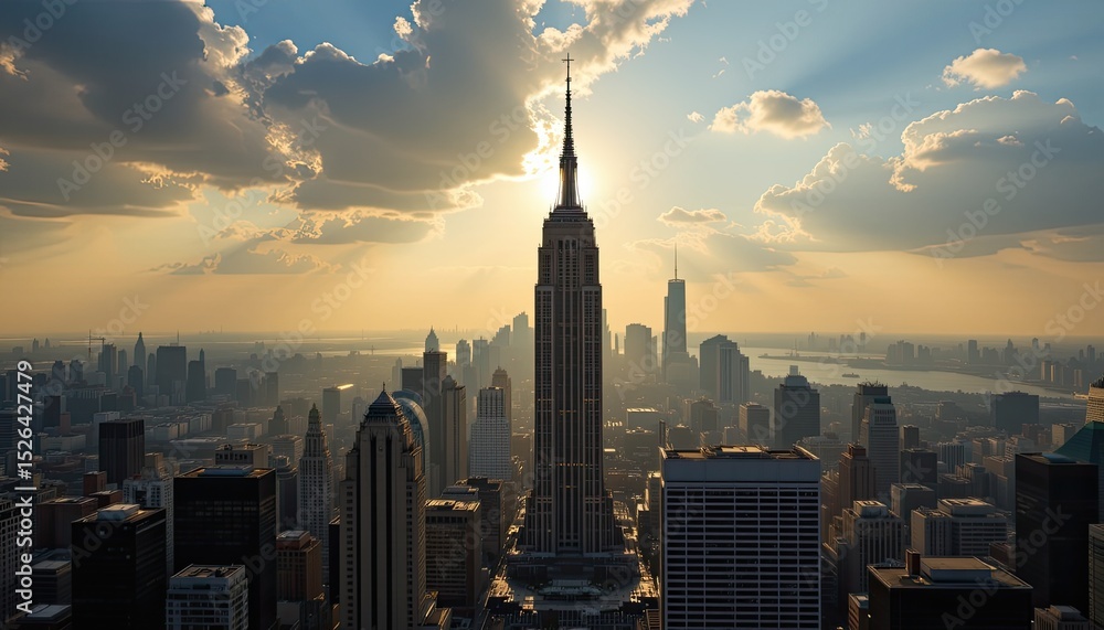 Obraz premium a towering structure dominating a big city skyline, sunlight filtering through, devoid of people, shot in ultra hd 4k.