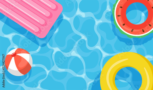 Summer pool party background. Inflatable toys, mattress and water surface. Flat vector illustration