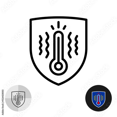 High temperature resistant object property icon with shield and thermometer. Heat resist thermal glass or other material feature symbol