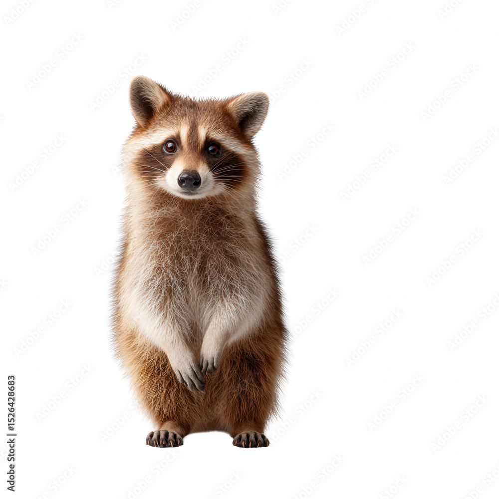 Obraz premium A curious raccoon standing upright with a playful expression, showcasing its fluffy fur and distinctive markings, isolated on a white background