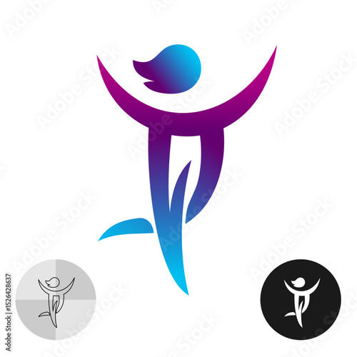 Woman dancing elegant stylized logo. Happy human figure with hands up. Positive inspired and encouraged people concept colorful gradient icon