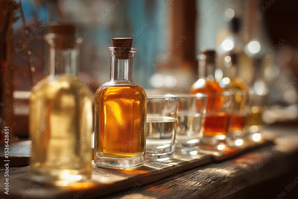 Grappa tasting setup with multiple bottles and glasses on a wooden table, selective focus and warm lighting. Grappa tasting setup with multiple bottles and glasses on a wooden table, selective focus and warm lighting.