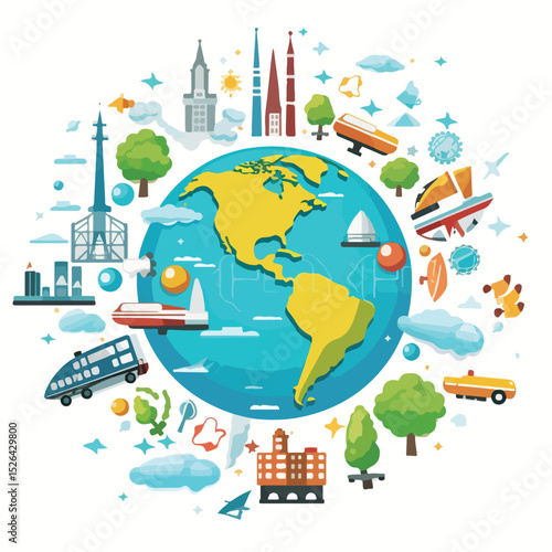 Global travel concept depicted with earth globe and various travel-related icons on a dark background