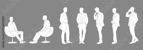 Set of cad drawings for architectural models and illustrations, executive men standing and sitting, workers in different angles editable line vector