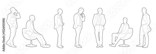 Set of men, executives standing and sitting, set of workers in different angles editable line vector