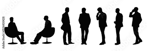 Silhouettes of men, executives standing and sitting, set of workers in different angles in editable vector