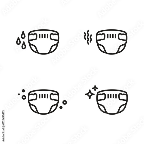 Set of baby diaper collection with indicator of clean, wet, dry, and sting. simple line style