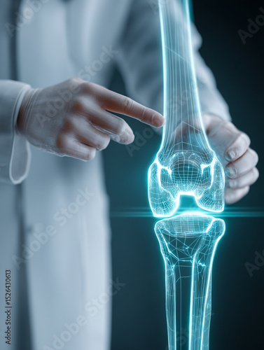 Medical professional points at glowing digital hologram of human knee joint, illustrating anatomy and healthcare technology in clinical setting