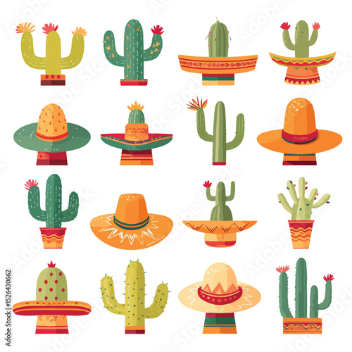Mexican-themed Flat Design Cactus and Sombrero Pattern Vector Illustration