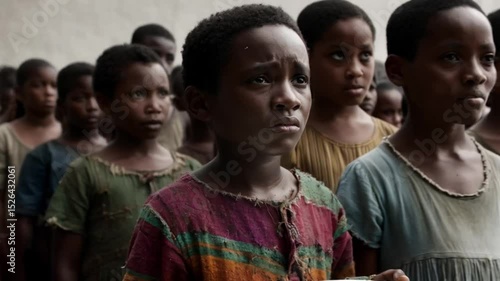 Children in a community facing hunger gather for a meal in a somber atmosphere during a challenging time