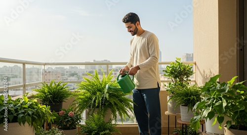 Man Watering Plants on a Balcony with City View