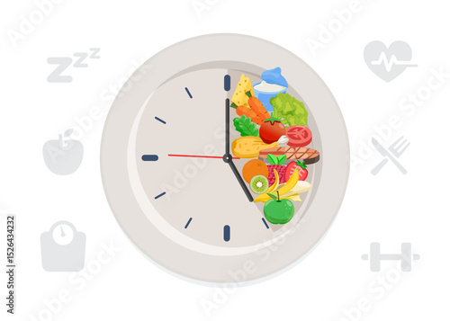 Intermittent fasting.The concept of proper nutrition, fasting and diet.Diet plan, fitness and sports activities.Vector illustration.