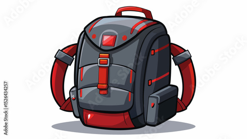 A dark gray backpack with red accents isolated on a transparent background in a studio setting