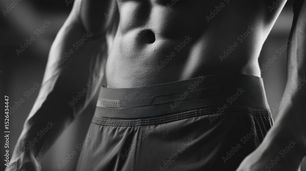Fototapeta premium Dramatic black and white image highlighting the muscular physique of a bodybuilder, emphasizing his toned abs and powerful build, creating a cinematic feel with strong contrasts of light and shadow