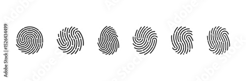 Set of black fingerprint vector icons. Includes unique biometric fingerprint patterns for identity, security, scanning, and authentication. Minimal, modern line style for UI and apps.