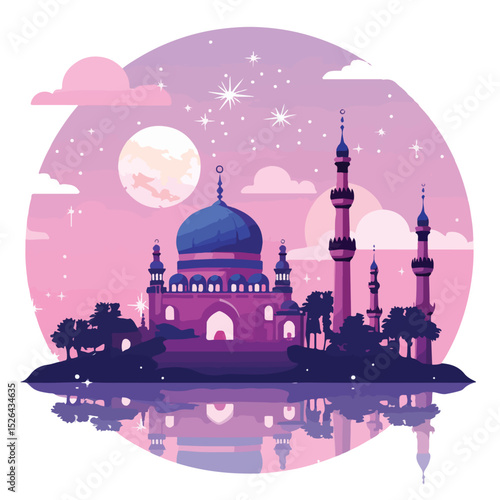 Elegant Lilac Muslim Mosque and Moon Poster Vector Illustration for Islamic Events