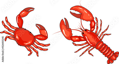 Colorful Illustration of a Crab and Lobster With Detailed Anatomy
