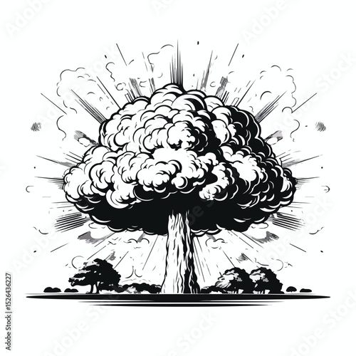 Detailed illustration of nuclear bomb explosion and military force line block in vector art