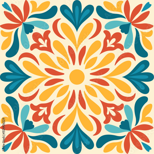 Seamless floral pattern inspired by traditional Mexican and Mediterranean tiles. Symmetrical decorative design with yellow, red, and teal elements on a light background.