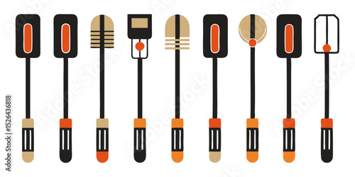 Flatlay design featuring a collection of vintage handheld beaters in a colorful arrangement