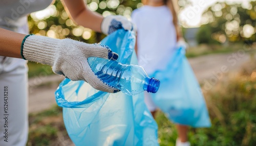Primer plano de manos con guantes recogiendo basura y botellas de plástico realizando un trabajo medioambiental