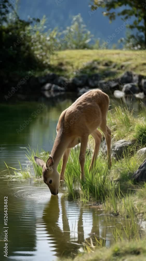 Deer drinking clear water from a pond surrounded by green grass, forest and mountains visible in background, outdoors in the sunshine. Deer drinking clear water from a pond surrounded by green grass, forest and mountains visible in background, outdoors in the sunshine.