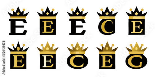 Royal gold letter e logo design featuring a crown for kings and queens