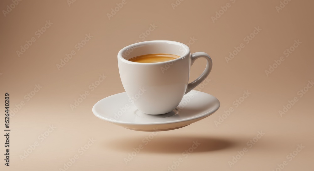 Obraz premium Floating white coffee cup and saucer against beige background