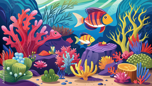 Colorful tropical fish swimming among vibrant coral reefs and sea plants in a lively underwater scene