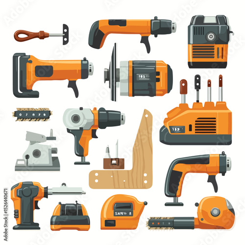 Professional Collection of Workshop Tools Icons for Saw and Drill in a Cart