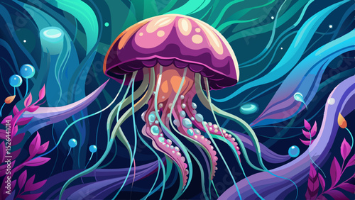 Colorful jellyfish floating in a vibrant underwater scene with glowing tentacles and abstract aquatic plants