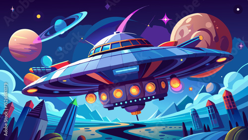 Futuristic flying UFO spaceship in outer space with planets, stars, and alien landscape in a colorful sci-fi scene