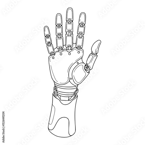 Robotic hand with articulated fingers in line drawing style on transparent background  