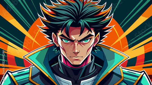 Anime warrior with spiky dark hair, teal eyes and futuristic armor staring intensely against a dynamic orange background