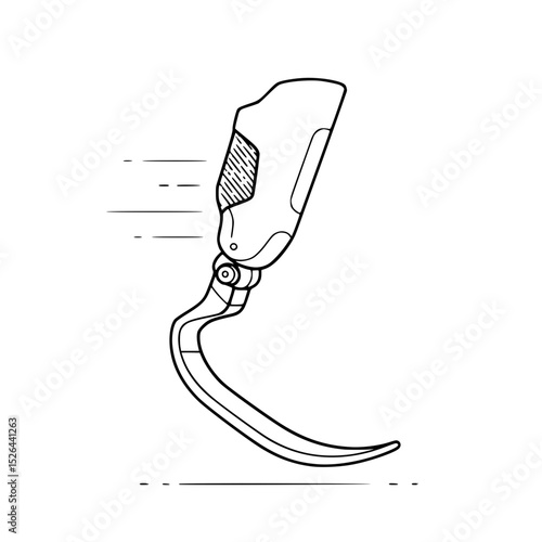 Line drawing of a prosthetic limb with a curved tip and movement lines, transparent background  