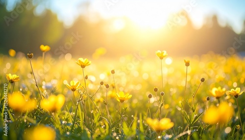 光にきらめく野の花と柔らかな自然の空気Peaceful field of wildflowers glowing in the morning or evening light