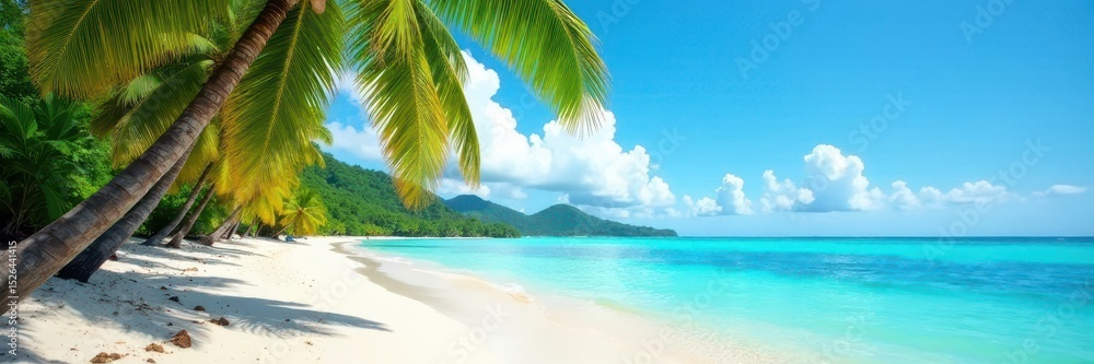 Fototapeta premium Idyllic tropical beach, palm trees sway gently in the breeze, summer, palm leaves