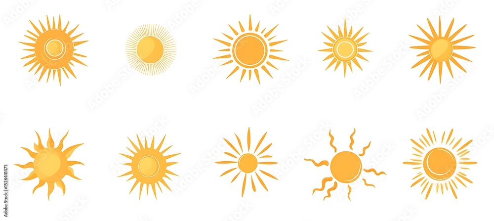 Set of sun icons, simple vector style, yellow color on a white background Set of sun icons, simple vector style, yellow color on a white background